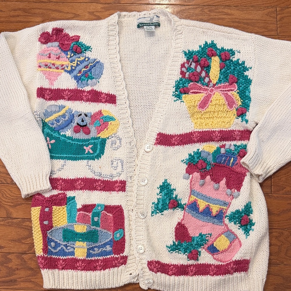 Vintage Festive White Cardigan with Colorful Holiday Design- Christmas Stocking